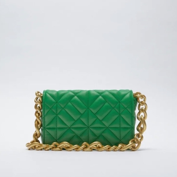 ZARA Green Puff Faux Leather Quilted Gold Chain Shoulder Bag - Picture 3 of 7